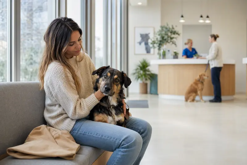 Ein Ca Eivissec Hund sitzt ruhig neben seinem Besitzer im hellen Wartezimmer einer modernen Tierarztpraxis.